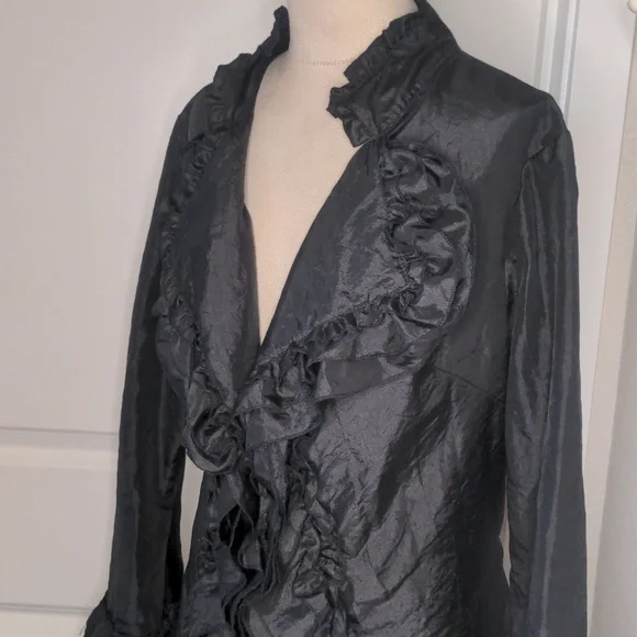 Cordelia Black Ruffle Victorian Duster Jacket Gothic Edwardian Whimsy Goth Sz M - Picture 5 of 12